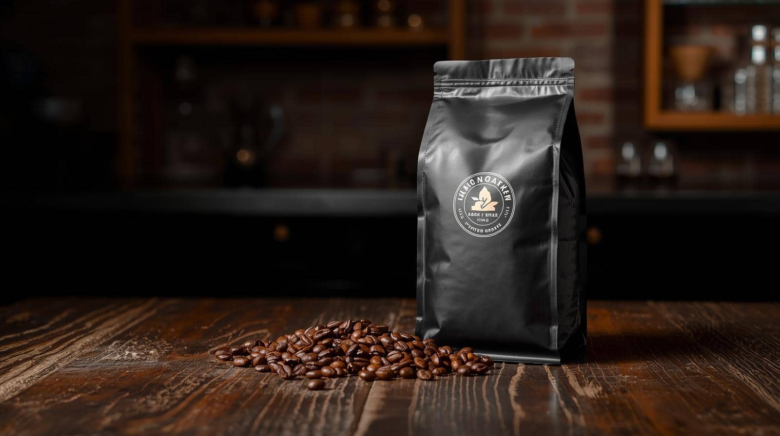 Premium coffee beans with a modern quad seal coffee bag standing upright on a wooden table in a specialty coffee shop environment, soft lighting, high-resolution product photography, 4.jpg