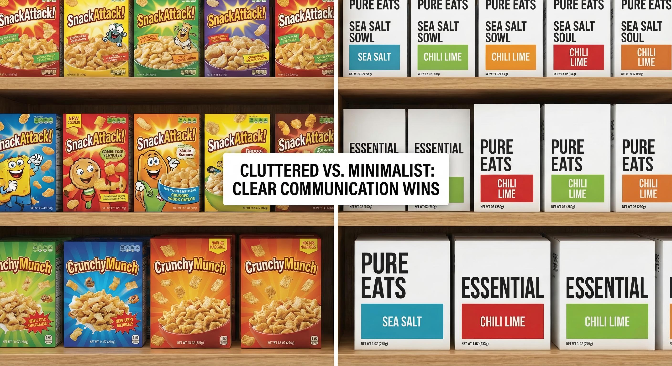 Side-by-side comparison of cluttered food packaging versus clean minimalist packaging with bold typography and clear flavor labels, front view on a shelf, educational infographic style, high resolution.jpg