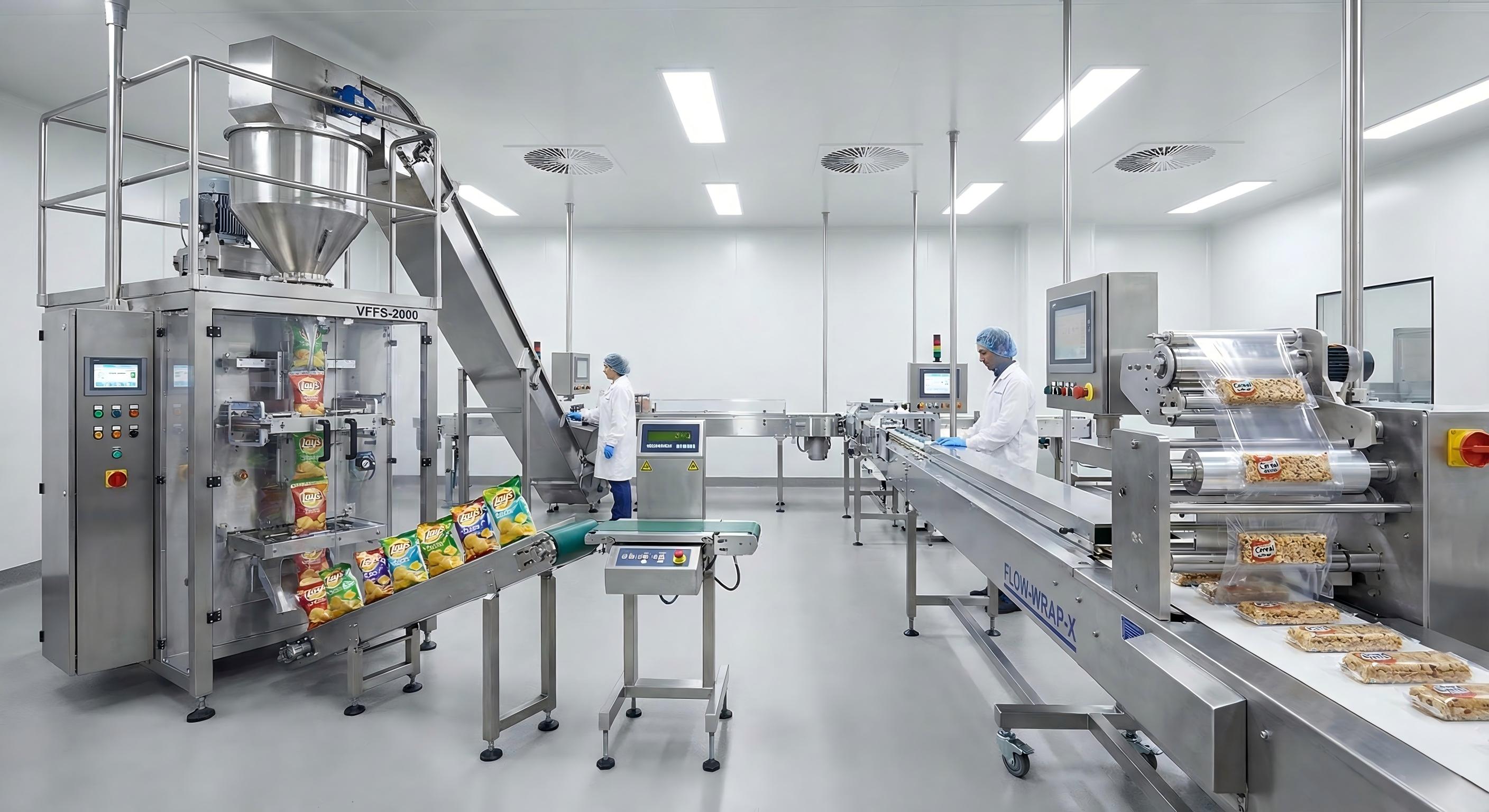 Modern automatic food packaging line in a clean factory, vertical form fill seal machine and flow wrapping machine packing chips and <a href=https://foodbaggingmachine.com/cereal-energy-bar-packaging-machines.html target='_blank'>cereal bars</a>, stainless steel equipment, high detail, industrial photography.jpg