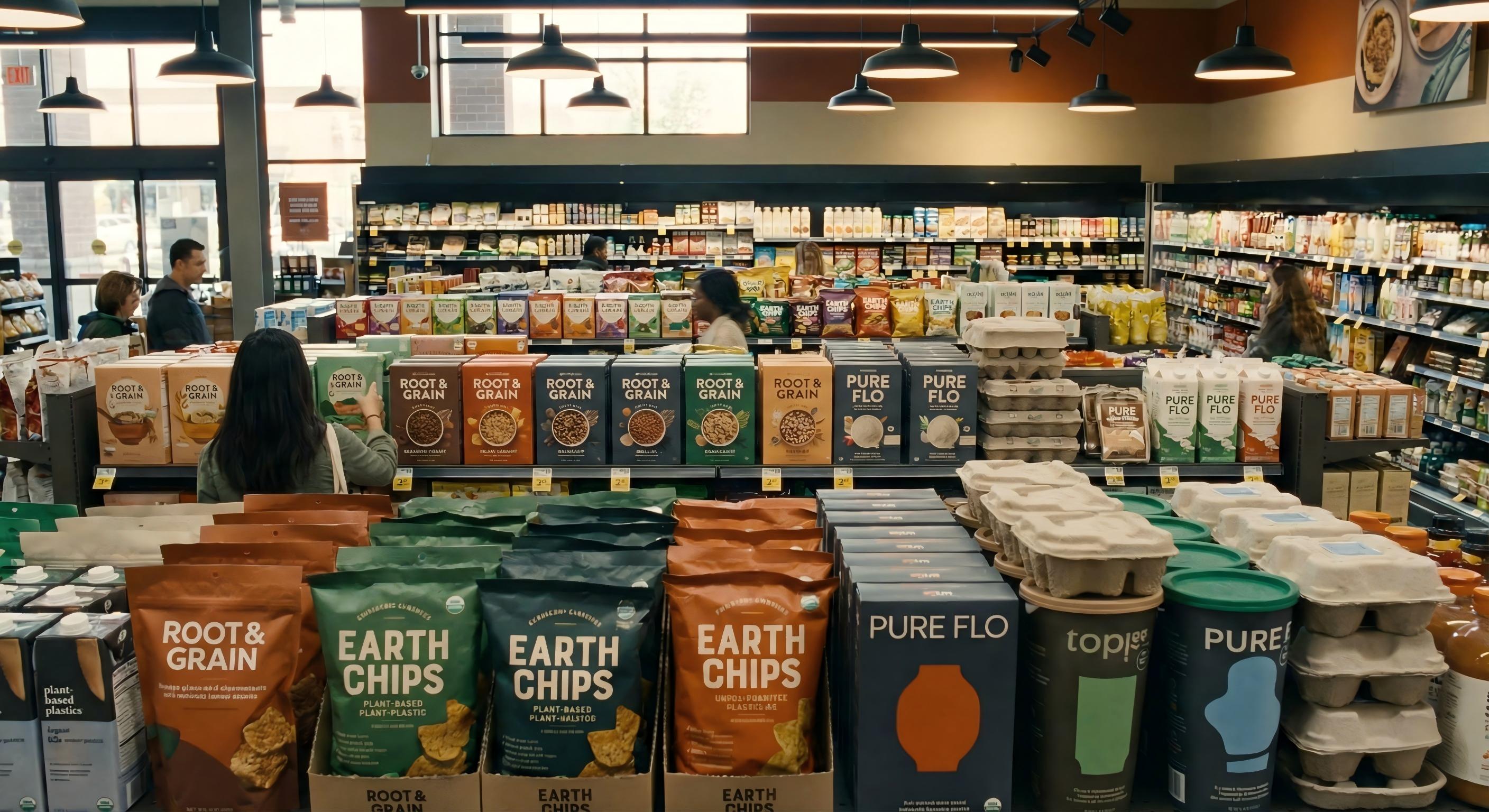 1766473061996434.jpg Wide supermarket aisle filled with modern food packaging, including snacks, cereals and beverages, featuring minimalist designs, bold colors and eco-friendly materials, cinematic light.jpg