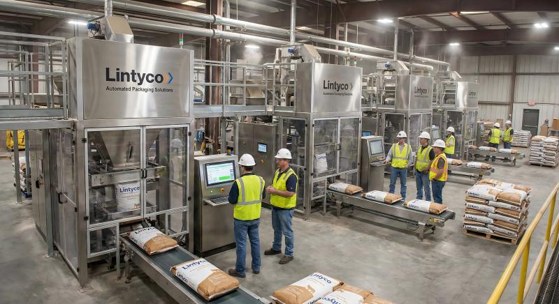 1766473249953808.jpg Wide-angle real-world site photo of Lintyco automated packaging machines deployed in a large feed mill, multiple lines running, machines labeled with Lintyco branding. Engineers monito.jpg
